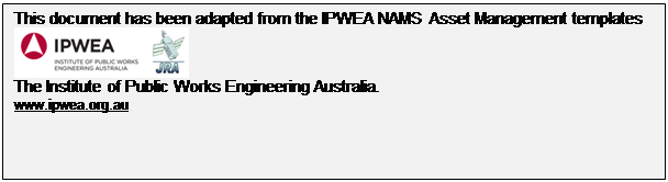 Text Box: This document has been adapted from the IPWEA NAMS Asset Management templates
 
The Institute of Public Works Engineering Australia.
www.ipwea.org.au

